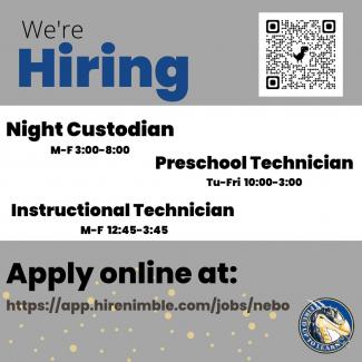 We are currently hiring for 3 jobs.   Night Custodian  Preschool Technician  Instructional Technican  Help us spread the word! It's a great day to be a dragon! 